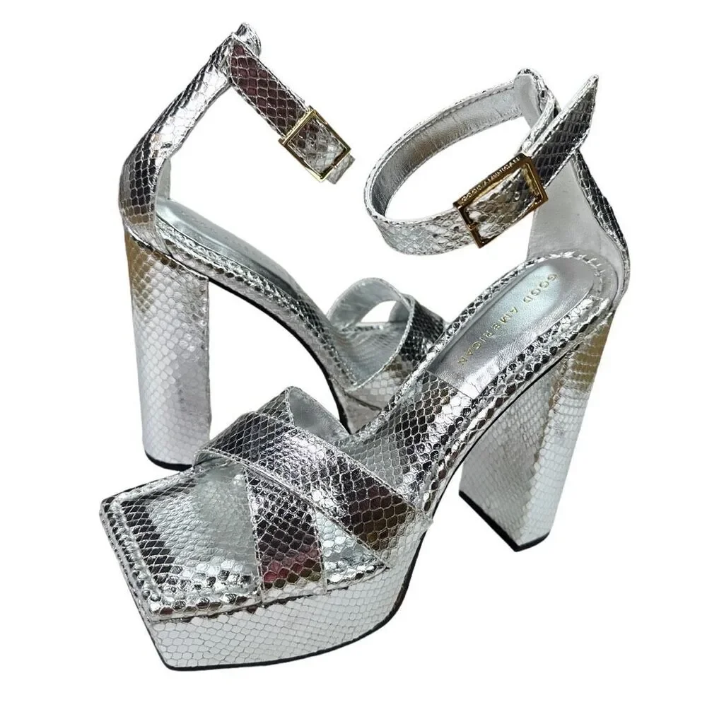 Good American Silver Snake Embossed Open Toe Platform Sandals - Size 8